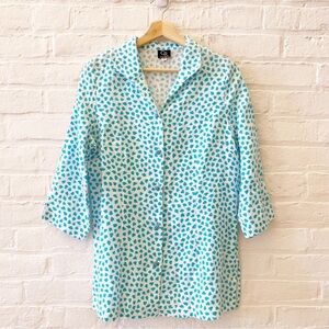 Connie Roberson || Linen‎ Tunic Jacket Aqua Blue White Spots Dots French Knot XS